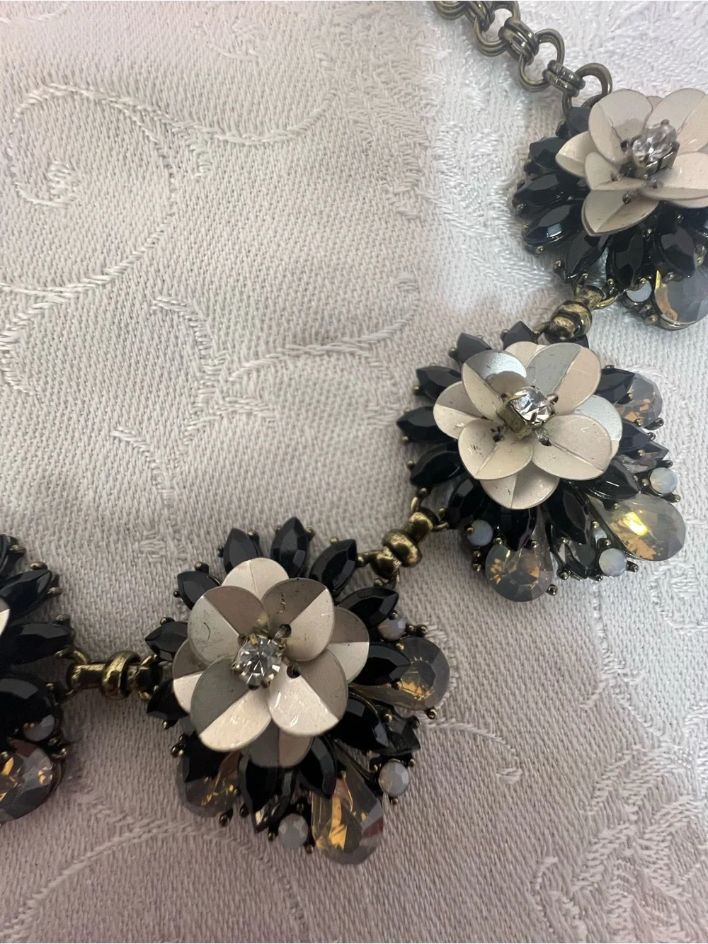Vintage Necklace Flower Pendants White Enamel Petals Rhinestones Crystal Stones